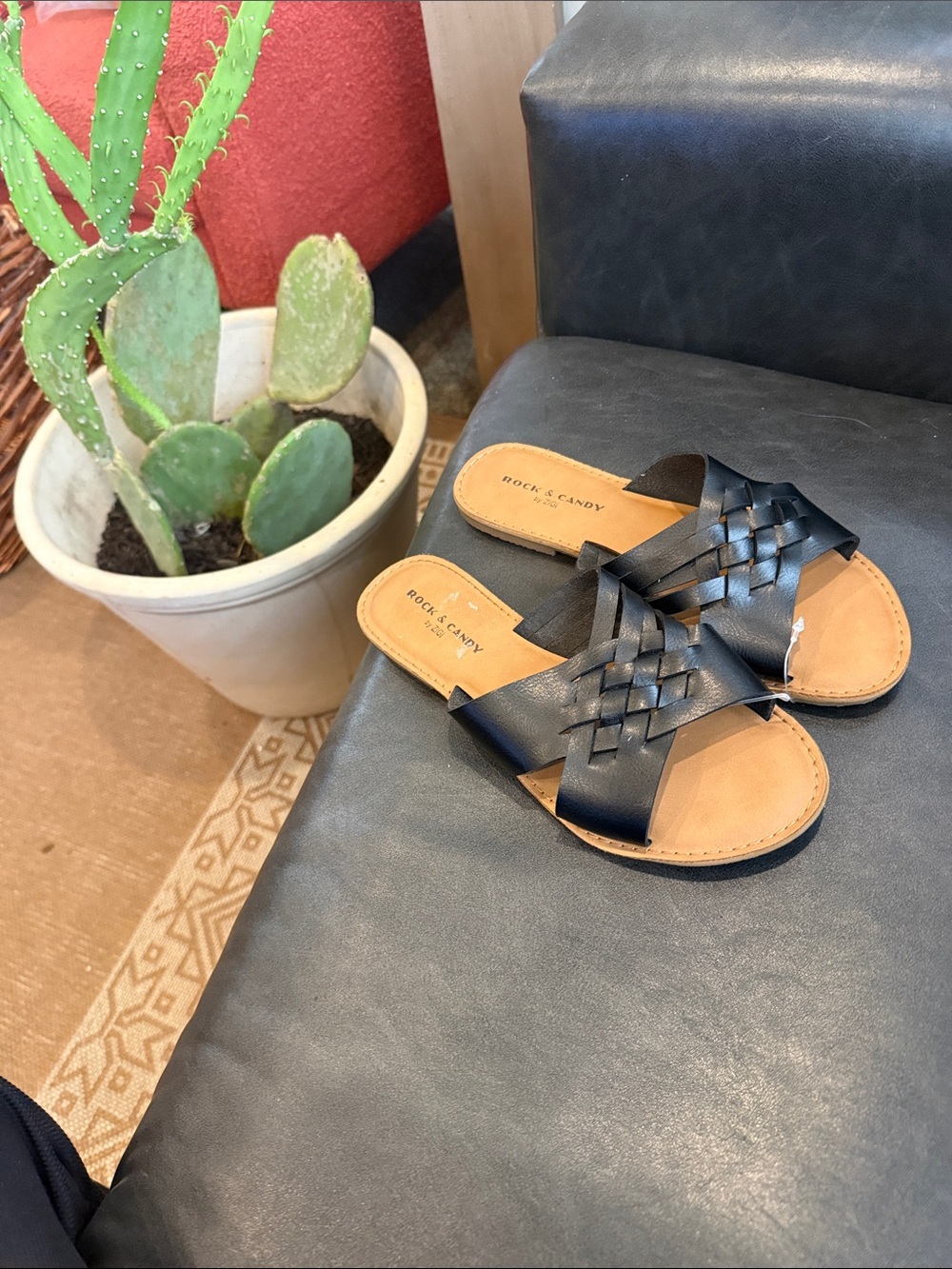 Rock & Candy Black Braided Slide Sandals with Tan Footbed